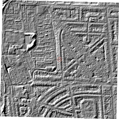 Shaded relief map of the ground around HU69SD, computed from Environment Agency LiDAR. The ground here sits at about 2 m above sea level and falls 5 m across the surrounding 800 m. Surface water reaching this point runs off ground lying to the south-south-west, 1.3 m higher.