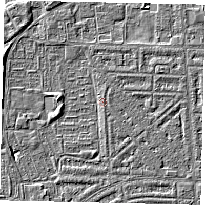 Shaded relief map of the ground around HU69SE, computed from Environment Agency LiDAR. The ground here sits at about 2 m above sea level and falls 4 m across the surrounding 800 m. Surface water reaching this point runs off ground lying to the south, 1.5 m higher.