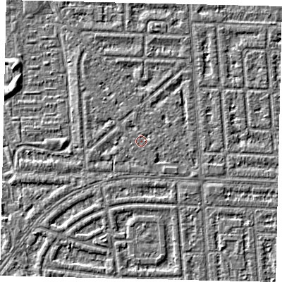 Shaded relief map of the ground around HU69SH, computed from Environment Agency LiDAR. The ground here sits at about 2 m above sea level and falls 2 m across the surrounding 800 m. Surface water reaching this point runs off ground lying to the west-north-west, 0.7 m higher.
