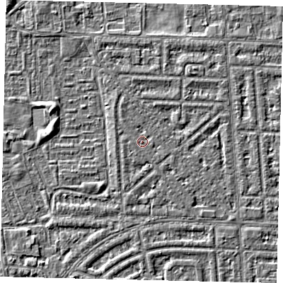 Shaded relief map of the ground around HU69SJ, computed from Environment Agency LiDAR. The ground here sits at about 2 m above sea level and falls 2 m across the surrounding 800 m. The ground contributing surface water to this point lies to the west-south-west.