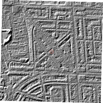 Shaded relief map of the ground around HU69SL, computed from Environment Agency LiDAR. The ground here sits at about 2 m above sea level and falls 2 m across the surrounding 800 m. Surface water reaching this point runs off ground lying to the south-south-east, 0.9 m higher.