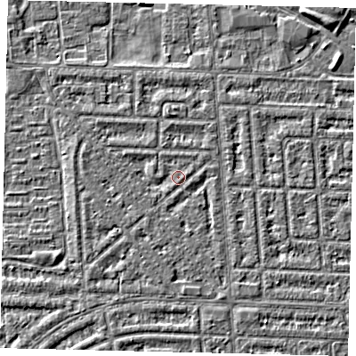 Shaded relief map of the ground around HU69SN, computed from Environment Agency LiDAR. The ground here sits at about 2 m above sea level and falls 2 m across the surrounding 800 m. Surface water reaching this point runs off ground lying to the west-north-west, 0.9 m higher.