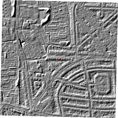 Shaded relief map of the ground around HU69SP, computed from Environment Agency LiDAR. The ground here sits at about 2 m above sea level and falls 5 m across the surrounding 800 m. Surface water reaching this point runs off ground lying to the south-south-west, 1.8 m higher.