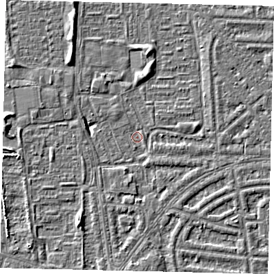 Shaded relief map of the ground around HU69SR, computed from Environment Agency LiDAR. The ground here sits at about 1 m above sea level and falls 5 m across the surrounding 800 m. Surface water reaching this point runs off ground lying to the south-west, 4.7 m higher.