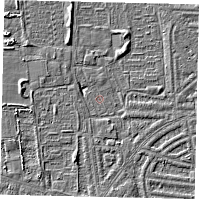 Shaded relief map of the ground around HU69SS, computed from Environment Agency LiDAR. The ground here sits at about 1 m above sea level and falls 5 m across the surrounding 800 m. Surface water reaching this point runs off ground lying to the south-south-west, 2.7 m higher.