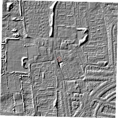 Shaded relief map of the ground around HU69ST, computed from Environment Agency LiDAR. The ground here sits at about 1 m above sea level and falls 5 m across the surrounding 800 m. Surface water reaching this point runs off ground lying to the south, 4.7 m higher.