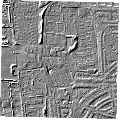 Shaded relief map of the ground around HU69SY, computed from Environment Agency LiDAR. The ground here sits at about 1 m above sea level and falls 5 m across the surrounding 800 m. Surface water reaching this point runs off ground lying to the south-south-west, 4.7 m higher.
