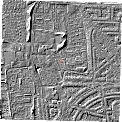 Shaded relief map of the ground around HU69SZ, computed from Environment Agency LiDAR. The ground here sits at about 1 m above sea level and falls 5 m across the surrounding 800 m. Surface water reaching this point runs off ground lying to the south-south-west, 4.7 m higher.