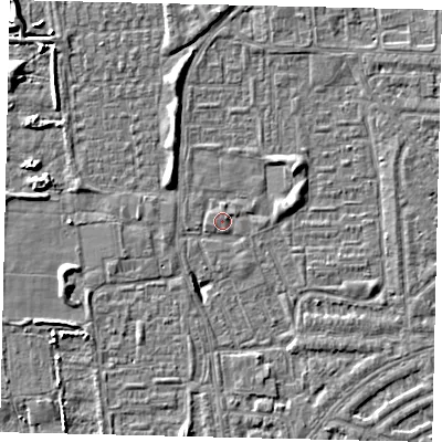 Shaded relief map of the ground around HU69TA, computed from Environment Agency LiDAR. The ground here sits at about 2 m above sea level and falls 5 m across the surrounding 800 m. Surface water reaching this point runs off ground lying to the east-south-east, 3.6 m higher.