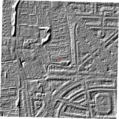 Shaded relief map of the ground around HU69TB, computed from Environment Agency LiDAR. The ground here sits at about 2 m above sea level and falls 5 m across the surrounding 800 m. Surface water reaching this point runs off ground lying to the east-south-east, 0.5 m higher.