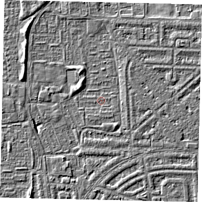 Shaded relief map of the ground around HU69TD, computed from Environment Agency LiDAR. The ground here sits at about 1 m above sea level and falls 5 m across the surrounding 800 m. Surface water reaching this point runs off ground lying to the south-south-east, 1.4 m higher.