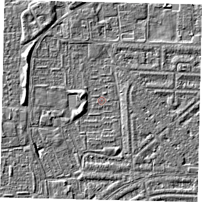 Shaded relief map of the ground around HU69TE, computed from Environment Agency LiDAR. The ground here sits at about 1 m above sea level and falls 5 m across the surrounding 800 m. Surface water reaching this point runs off ground lying to the west-south-west, 3.9 m higher.