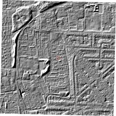 Shaded relief map of the ground around HU69TG, computed from Environment Agency LiDAR. The ground here sits at about 1 m above sea level and falls 5 m across the surrounding 800 m. Surface water reaching this point runs off ground lying to the west, 2.7 m higher.