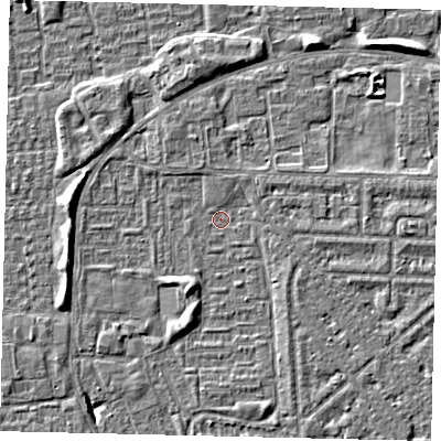 Shaded relief map of the ground around HU69TH, computed from Environment Agency LiDAR. The ground here sits at about 1 m above sea level and falls 5 m across the surrounding 800 m. Surface water reaching this point runs off ground lying to the west-south-west, 2.7 m higher.