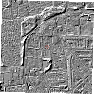 Shaded relief map of the ground around HU69TJ, computed from Environment Agency LiDAR. The ground here sits at about 1 m above sea level and falls 5 m across the surrounding 800 m. Surface water reaching this point runs off ground lying to the south-west, 2.7 m higher.