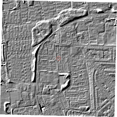 Shaded relief map of the ground around HU69TL, computed from Environment Agency LiDAR. The ground here sits at about 1 m above sea level and falls 5 m across the surrounding 800 m. Surface water reaching this point runs off ground lying to the south-west, 2.7 m higher.