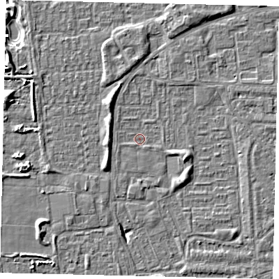Shaded relief map of the ground around HU69TP, computed from Environment Agency LiDAR. The ground here sits at about 1 m above sea level and falls 5 m across the surrounding 800 m. Surface water reaching this point runs off ground lying to the south-west, 2.7 m higher.
