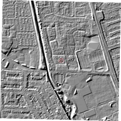 Shaded relief map of the ground around HU69UA, computed from Environment Agency LiDAR. The ground here sits at about 2 m above sea level and falls 4 m across the surrounding 800 m. Surface water reaching this point runs off ground lying to the south-south-east, 0.9 m higher.