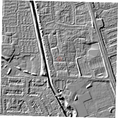 Shaded relief map of the ground around HU69UB, computed from Environment Agency LiDAR. The ground here sits at about 2 m above sea level and falls 4 m across the surrounding 800 m. Surface water reaching this point runs off ground lying to the north-north-west, 2.1 m higher.