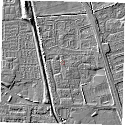 Shaded relief map of the ground around HU69UD, computed from Environment Agency LiDAR. The ground here sits at about 2 m above sea level and falls 6 m across the surrounding 800 m. Surface water reaching this point runs off ground lying to the south-east, 0.9 m higher.