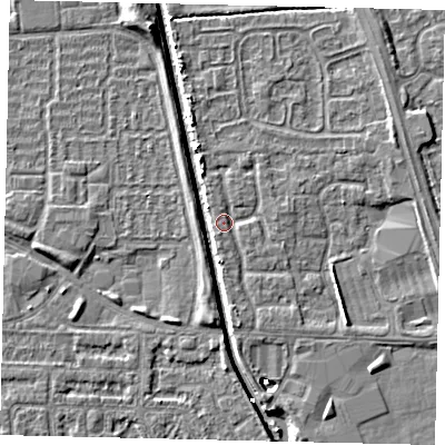 Shaded relief map of the ground around HU69UF, computed from Environment Agency LiDAR. The ground here sits at about 2 m above sea level and falls 6 m across the surrounding 800 m. Surface water reaching this point runs off ground lying to the south, 1.6 m higher.
