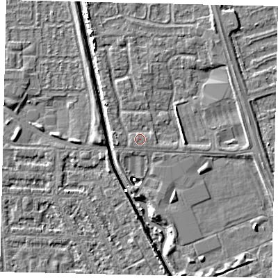 Shaded relief map of the ground around HU69UG, computed from Environment Agency LiDAR. The ground here sits at about 2 m above sea level and falls 4 m across the surrounding 800 m. Surface water reaching this point runs off ground lying to the east, 0.9 m higher.