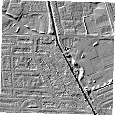 Shaded relief map of the ground around HU69UH, computed from Environment Agency LiDAR. The ground here sits at about 2 m above sea level and falls 5 m across the surrounding 800 m. Surface water reaching this point runs off ground lying to the north, 2.0 m higher.