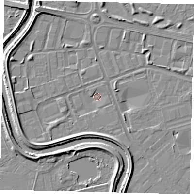 Shaded relief map of the ground around HU70AA, computed from Environment Agency LiDAR. The ground here sits at about 1 m above sea level and falls 5 m across the surrounding 800 m. Surface water reaching this point runs off ground lying to the south, 1.5 m higher.