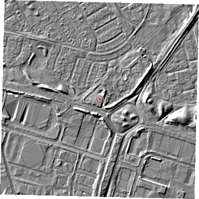 Shaded relief map of the ground around HU70AF, computed from Environment Agency LiDAR. The ground here sits at about 2 m above sea level and falls 3 m across the surrounding 800 m. Surface water reaching this point runs off ground lying to the east-north-east, 2.3 m higher.