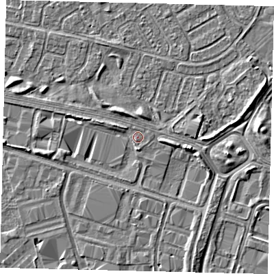 Shaded relief map of the ground around HU70AG, computed from Environment Agency LiDAR. The ground here sits at about 2 m above sea level and falls 3 m across the surrounding 800 m. Surface water reaching this point runs off ground lying to the south, 0.8 m higher.