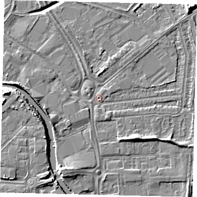 Shaded relief map of the ground around HU70AJ, computed from Environment Agency LiDAR. The ground here sits at about 2 m above sea level and falls 13 m across the surrounding 800 m. Surface water reaching this point runs off ground lying to the south-east, 4.1 m higher.