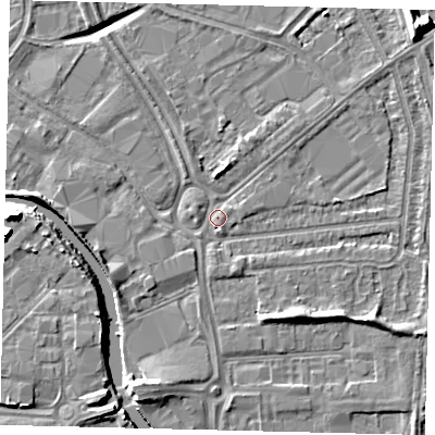 Shaded relief map of the ground around HU70AL, computed from Environment Agency LiDAR. The ground here sits at about 3 m above sea level and falls 13 m across the surrounding 800 m. Surface water reaching this point runs off ground lying to the south-east, 4.1 m higher.