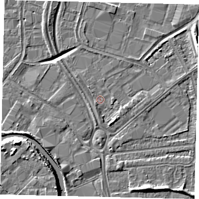 Shaded relief map of the ground around HU70AN, computed from Environment Agency LiDAR. The ground here sits at about 2 m above sea level and falls 13 m across the surrounding 800 m. Surface water reaching this point runs off ground lying to the south-east, 2.8 m higher.