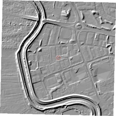 Shaded relief map of the ground around HU70AP, computed from Environment Agency LiDAR. The ground here sits at about 2 m above sea level and falls 5 m across the surrounding 800 m. Surface water reaching this point runs off ground lying to the east, 1.4 m higher.