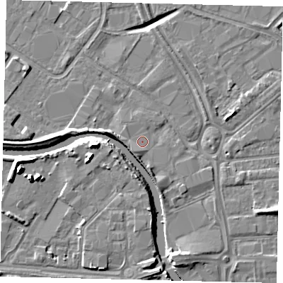 Shaded relief map of the ground around HU70AQ, computed from Environment Agency LiDAR. The ground here sits at about 3 m above sea level and falls 13 m across the surrounding 800 m. Surface water reaching this point runs off ground lying to the south-west, 1.8 m higher.