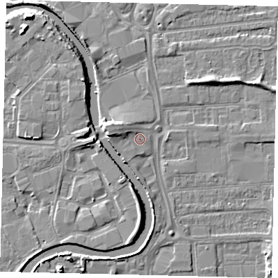 Shaded relief map of the ground around HU70BA, computed from Environment Agency LiDAR. The ground here sits at about 3 m above sea level and falls 10 m across the surrounding 800 m. Surface water reaching this point runs off ground lying to the west, 3.1 m higher.