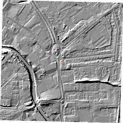 Shaded relief map of the ground around HU70BG, computed from Environment Agency LiDAR. The ground here sits at about 3 m above sea level and falls 13 m across the surrounding 800 m. Surface water reaching this point runs off ground lying to the south-east, 4.1 m higher.