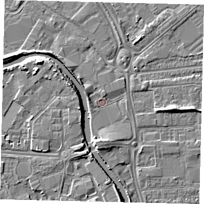 Shaded relief map of the ground around HU70BH, computed from Environment Agency LiDAR. The ground here sits at about 2 m above sea level and falls 10 m across the surrounding 800 m. Surface water reaching this point runs off ground lying to the west-north-west, 2.1 m higher.