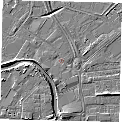 Shaded relief map of the ground around HU70BN, computed from Environment Agency LiDAR. The ground here sits at about 2 m above sea level and falls 13 m across the surrounding 800 m. Surface water reaching this point runs off ground lying to the east-north-east, 2.9 m higher.