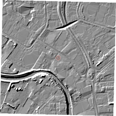 Shaded relief map of the ground around HU70BS, computed from Environment Agency LiDAR. The ground here sits at about 2 m above sea level and falls 13 m across the surrounding 800 m. Surface water reaching this point runs off ground lying to the west-south-west, 3.1 m higher.