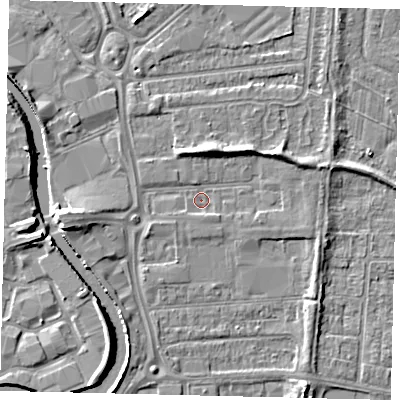 Shaded relief map of the ground around HU70BT, computed from Environment Agency LiDAR. The ground here sits at about 2 m above sea level and falls 5 m across the surrounding 800 m. Surface water reaching this point runs off ground lying to the north, 3.9 m higher.