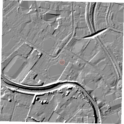 Shaded relief map of the ground around HU70BU, computed from Environment Agency LiDAR. The ground here sits at about 2 m above sea level and falls 13 m across the surrounding 800 m. The ground contributing surface water to this point lies to the east-north-east.