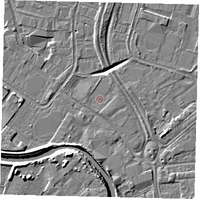 Shaded relief map of the ground around HU70BW, computed from Environment Agency LiDAR. The ground here sits at about 2 m above sea level and falls 13 m across the surrounding 800 m. Surface water reaching this point runs off ground lying to the south-east, 0.9 m higher.