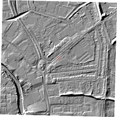 Shaded relief map of the ground around HU70BY, computed from Environment Agency LiDAR. The ground here sits at about 3 m above sea level and falls 11 m across the surrounding 800 m. Surface water reaching this point runs off ground lying to the south-south-west, 0.8 m higher.