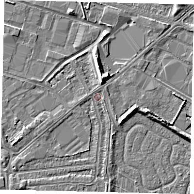 Shaded relief map of the ground around HU70DF, computed from Environment Agency LiDAR. The ground here sits at about 2 m above sea level and falls 9 m across the surrounding 800 m. Surface water reaching this point runs off ground lying to the south, 1.2 m higher.