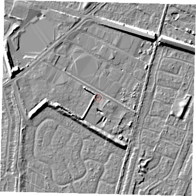 Shaded relief map of the ground around HU70DG, computed from Environment Agency LiDAR. The ground here sits at about 2 m above sea level and falls 9 m across the surrounding 800 m. Surface water reaching this point runs off ground lying to the west, 3.7 m higher.
