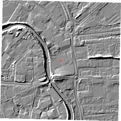 Shaded relief map of the ground around HU70DJ, computed from Environment Agency LiDAR. The ground here sits at about 2 m above sea level and falls 10 m across the surrounding 800 m. Surface water reaching this point runs off ground lying to the south-south-west, 4.2 m higher.