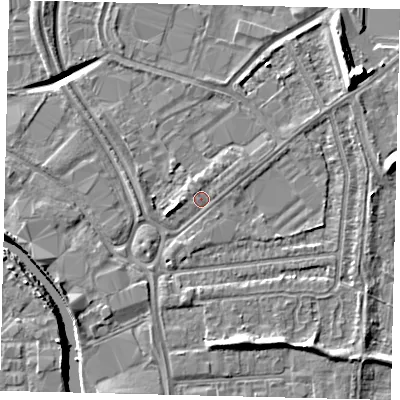 Shaded relief map of the ground around HU70DN, computed from Environment Agency LiDAR. The ground here sits at about 3 m above sea level and falls 11 m across the surrounding 800 m. Surface water reaching this point runs off ground lying to the west, 0.8 m higher.