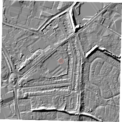 Shaded relief map of the ground around HU70DP, computed from Environment Agency LiDAR. The ground here sits at about 2 m above sea level and falls 8 m across the surrounding 800 m. Surface water reaching this point runs off ground lying to the south-south-east, 1.2 m higher.