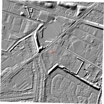 Shaded relief map of the ground around HU70DQ, computed from Environment Agency LiDAR. The ground here sits at about 3 m above sea level and falls 9 m across the surrounding 800 m. Surface water reaching this point runs off ground lying to the south, 3.2 m higher.